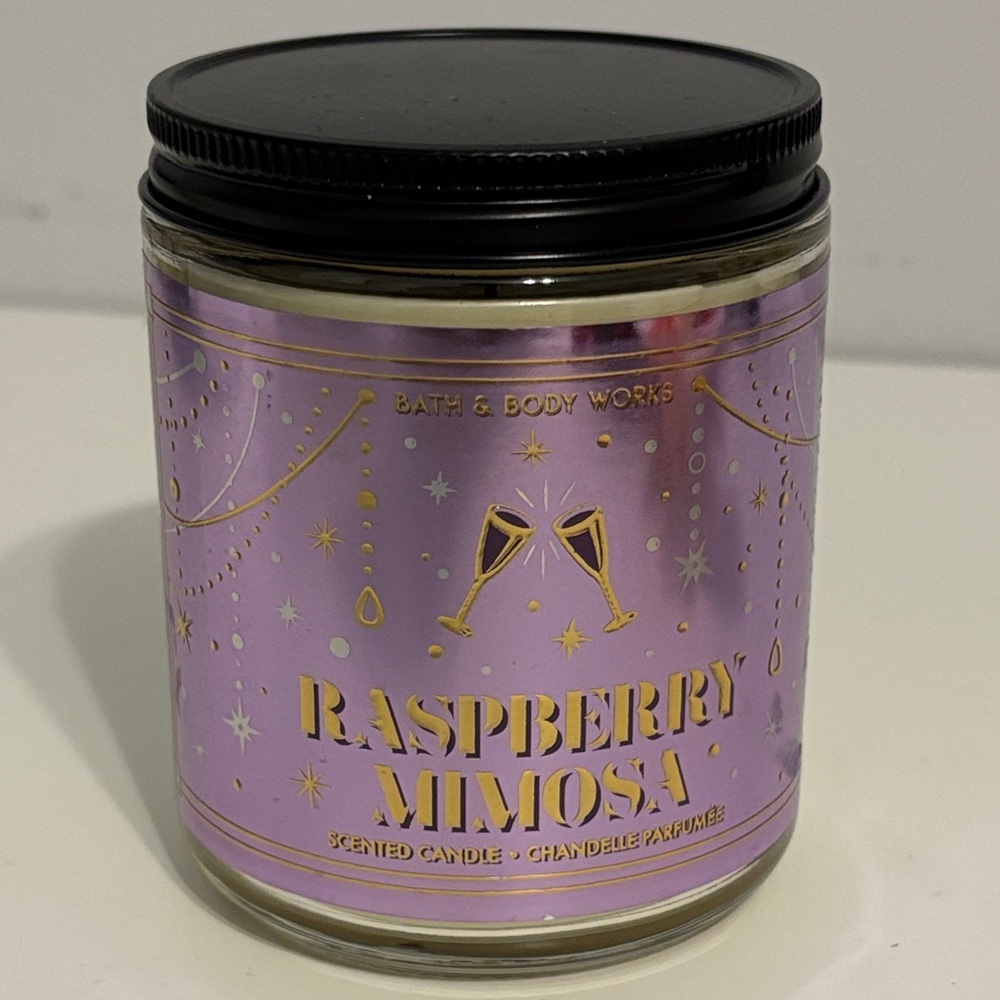 Bath & Body Works Raspberry Mimosa Candle with Purple and Gold Design